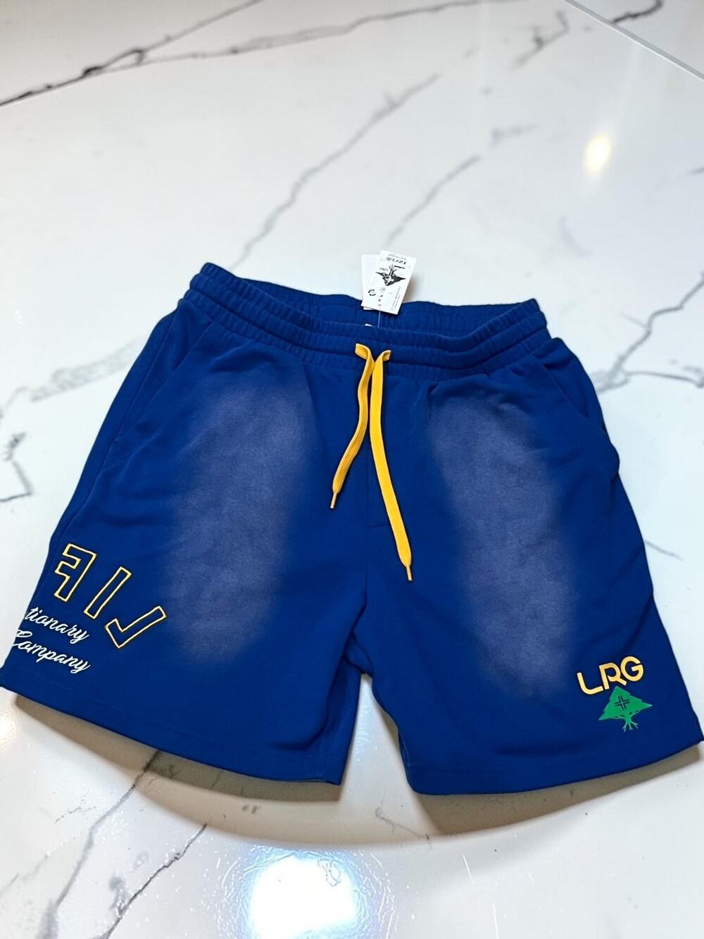 LRG Men’s Graphic Sweat Shorts Blue Yellow Drawstring Size Medium